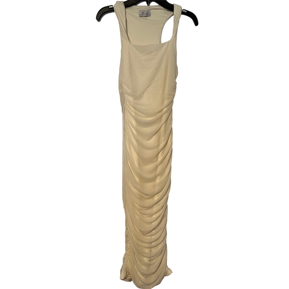 Oh Polly LUCILLA Twist Strap Ruched Midi Dress in Ivory